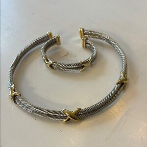 David Yurman Set-Two-Tone Double X Cable Collar Necklace & Bracelet